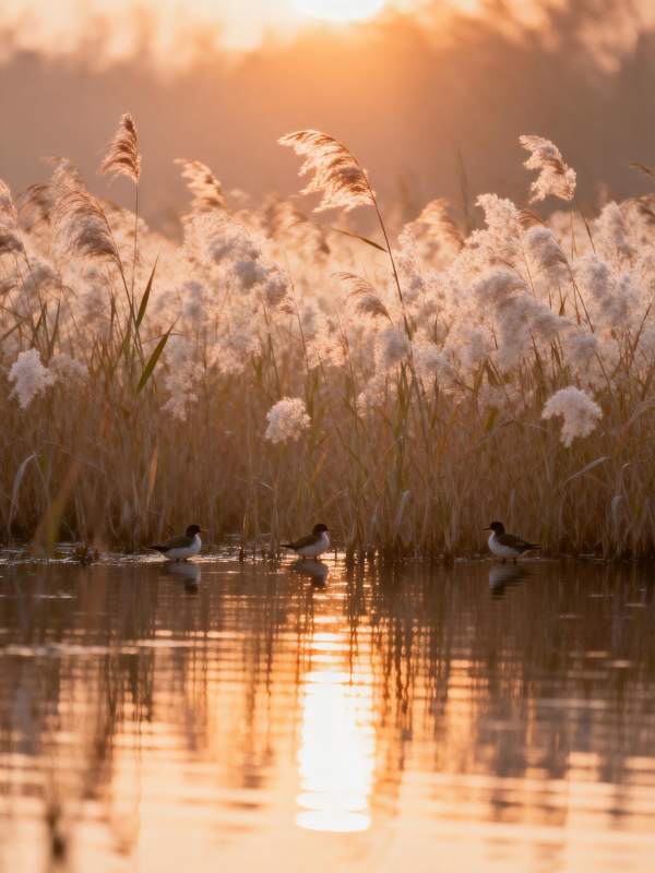 芦苇荡日落水鸟图片