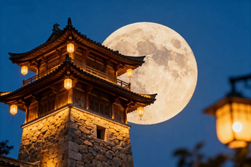 古塔映月夜图片