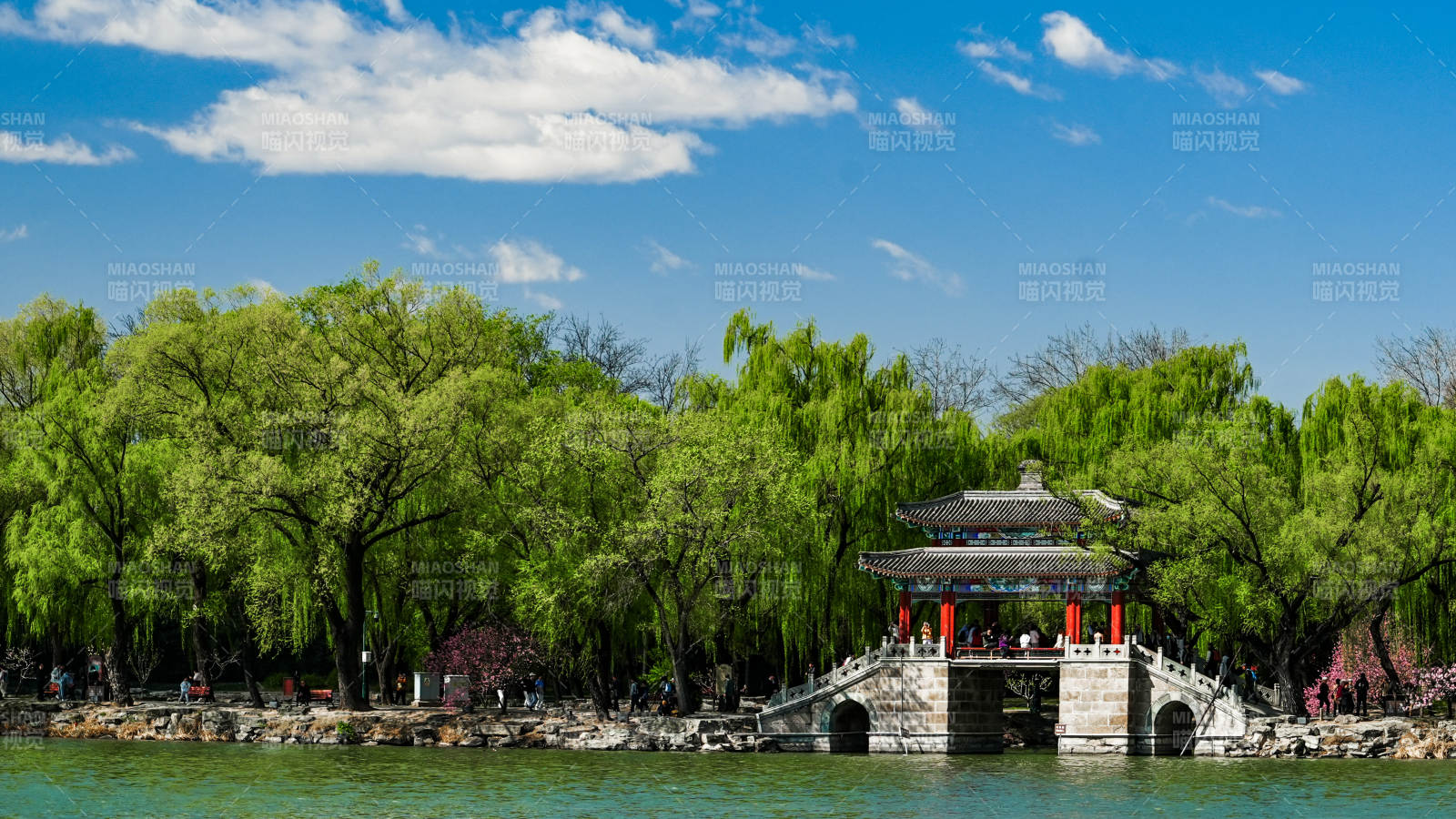 湖畔古亭春景图片