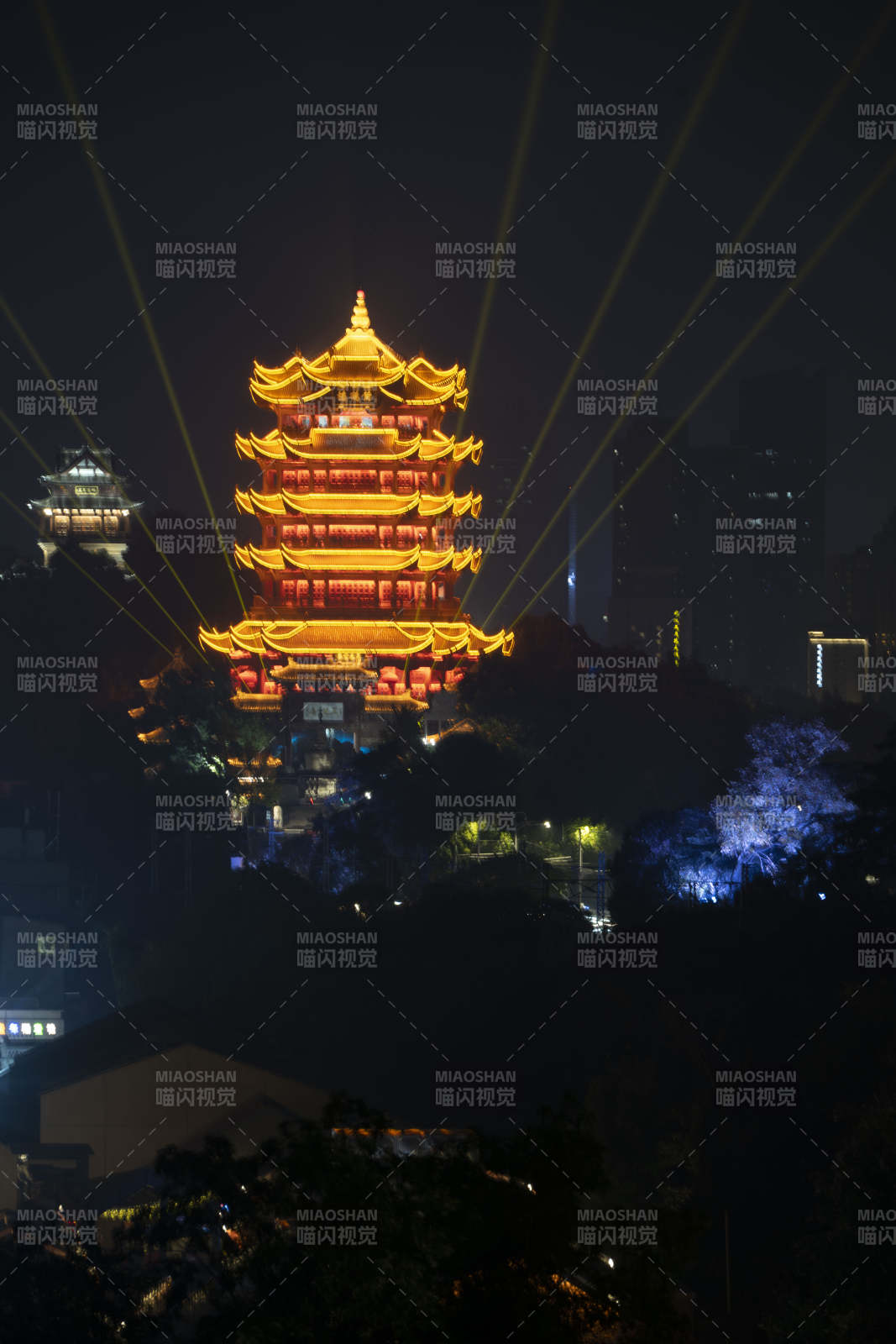 夜光古塔辉映城市图片