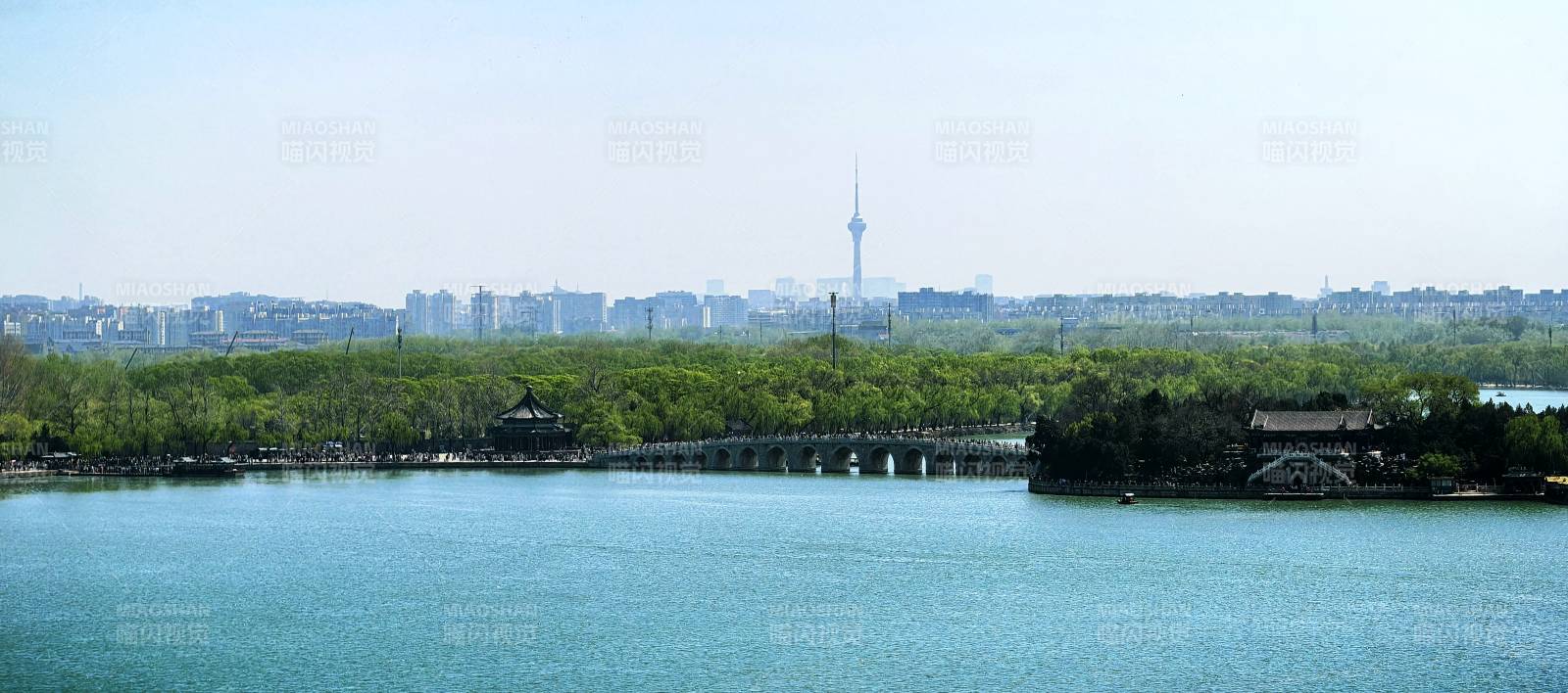 湖光塔影绿意浓图片