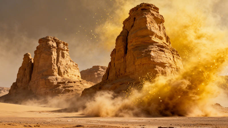 沙漠风沙卷巨岩图片