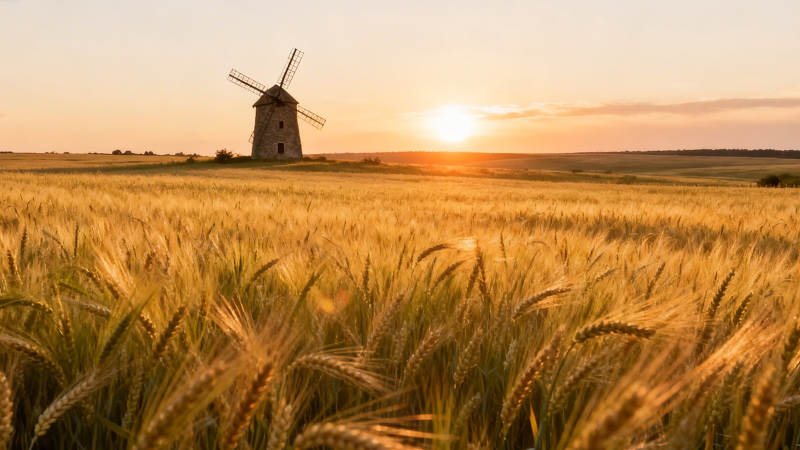 麦田日落风车图片