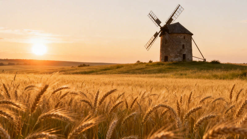 麦田日落风车图片
