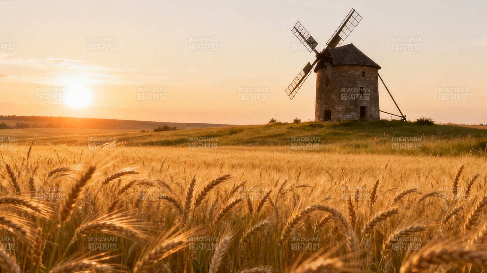 麦田日落风车图片