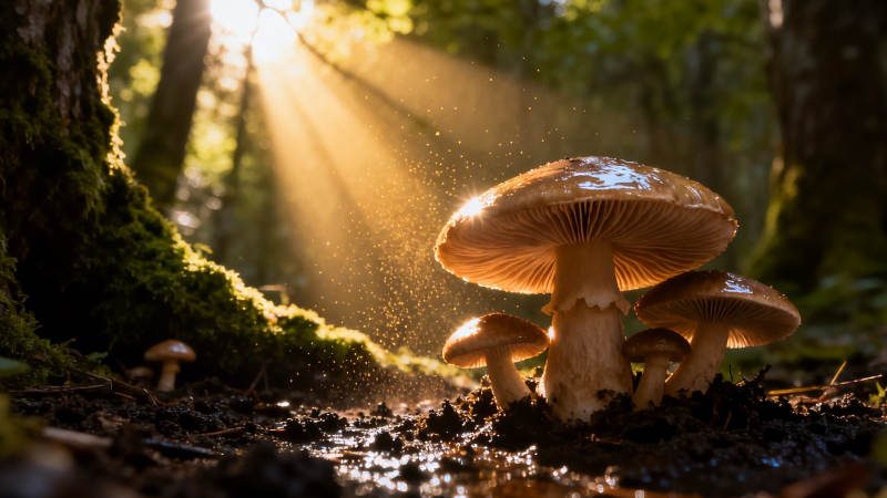 林间光影菌影图片