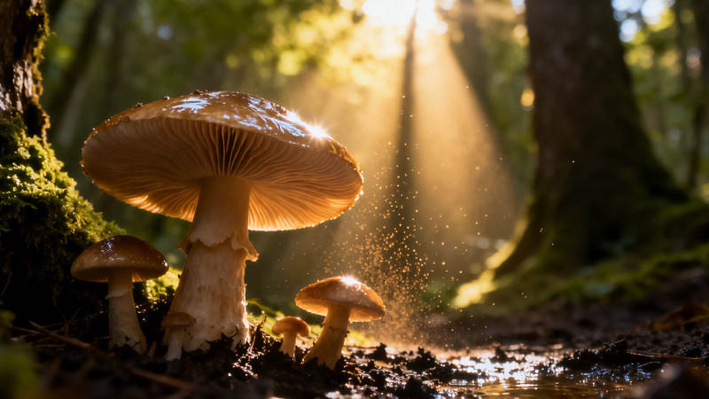林间光斑下的蘑菇图片