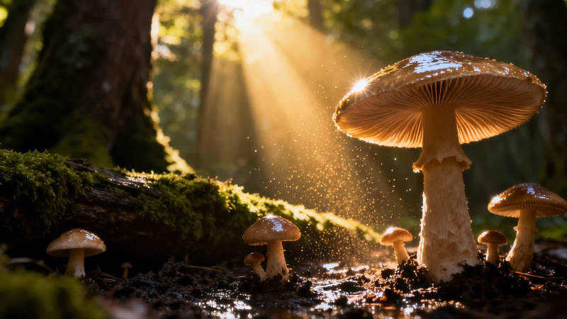 林间晨光中的菌菇图片