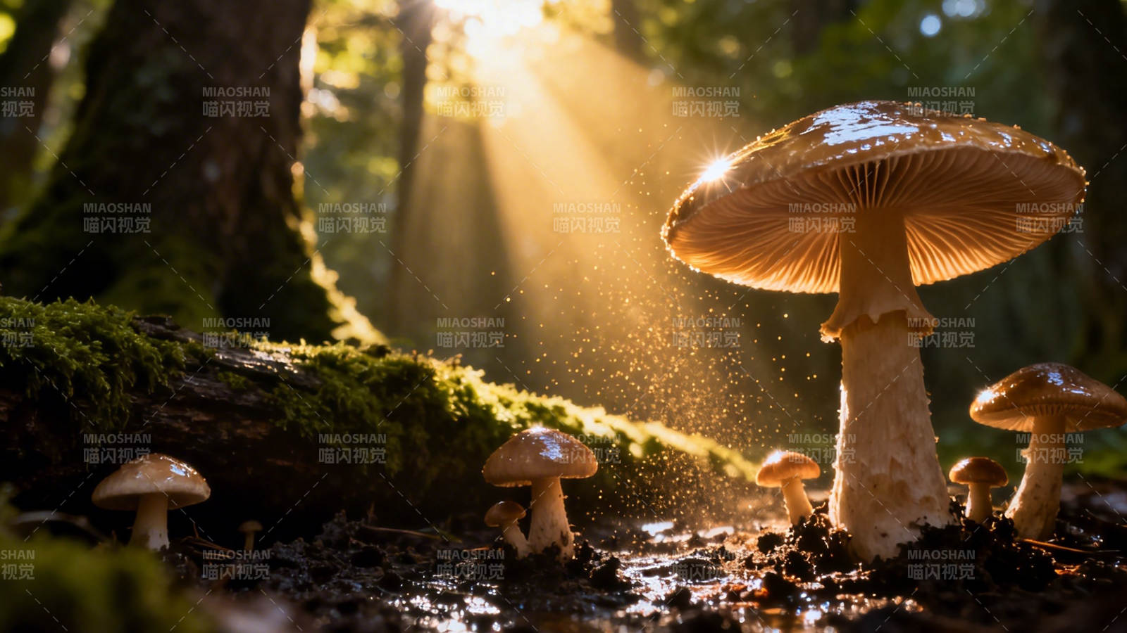 林间晨光中的菌菇图片