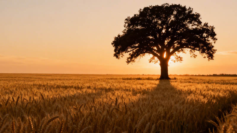 孤树麦田夕阳图片