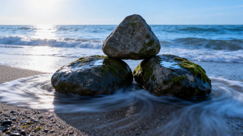 海边石堆静谧景图片