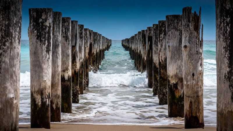 海浪拍打木桩图片