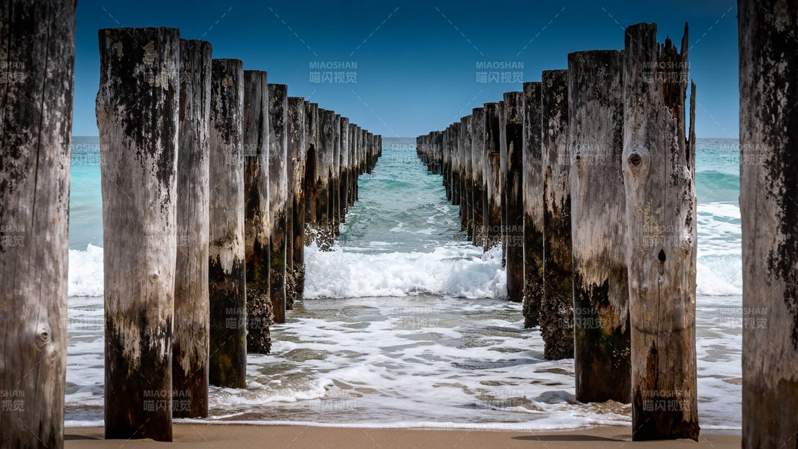 海浪拍打木桩图片