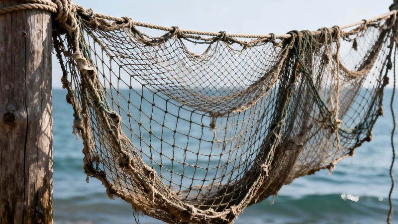 渔网悬于海边木桩图片