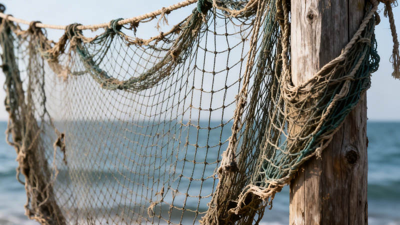 渔网挂木桩图片