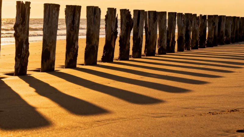 沙滩木桩影图片