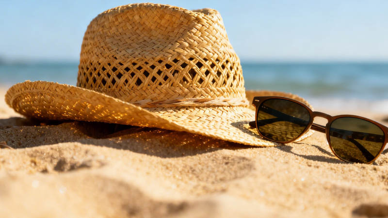 沙滩上的草帽与墨镜图片