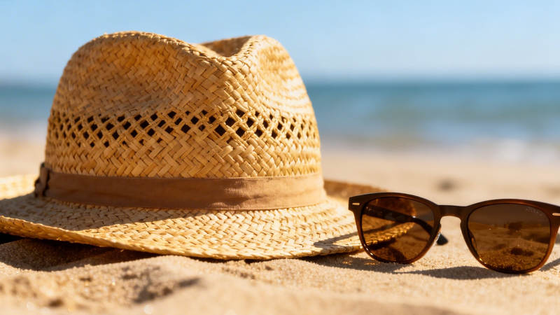 沙滩上的草帽与墨镜图片