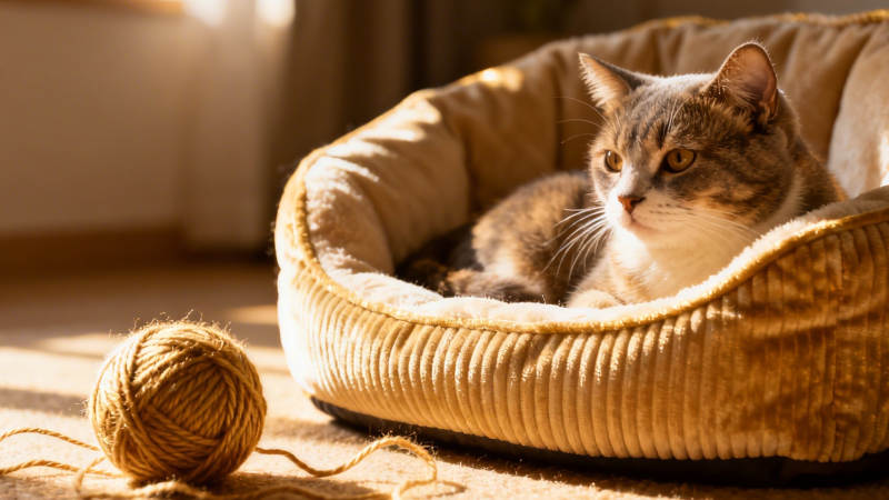 猫咪蜷缩在窝中图片