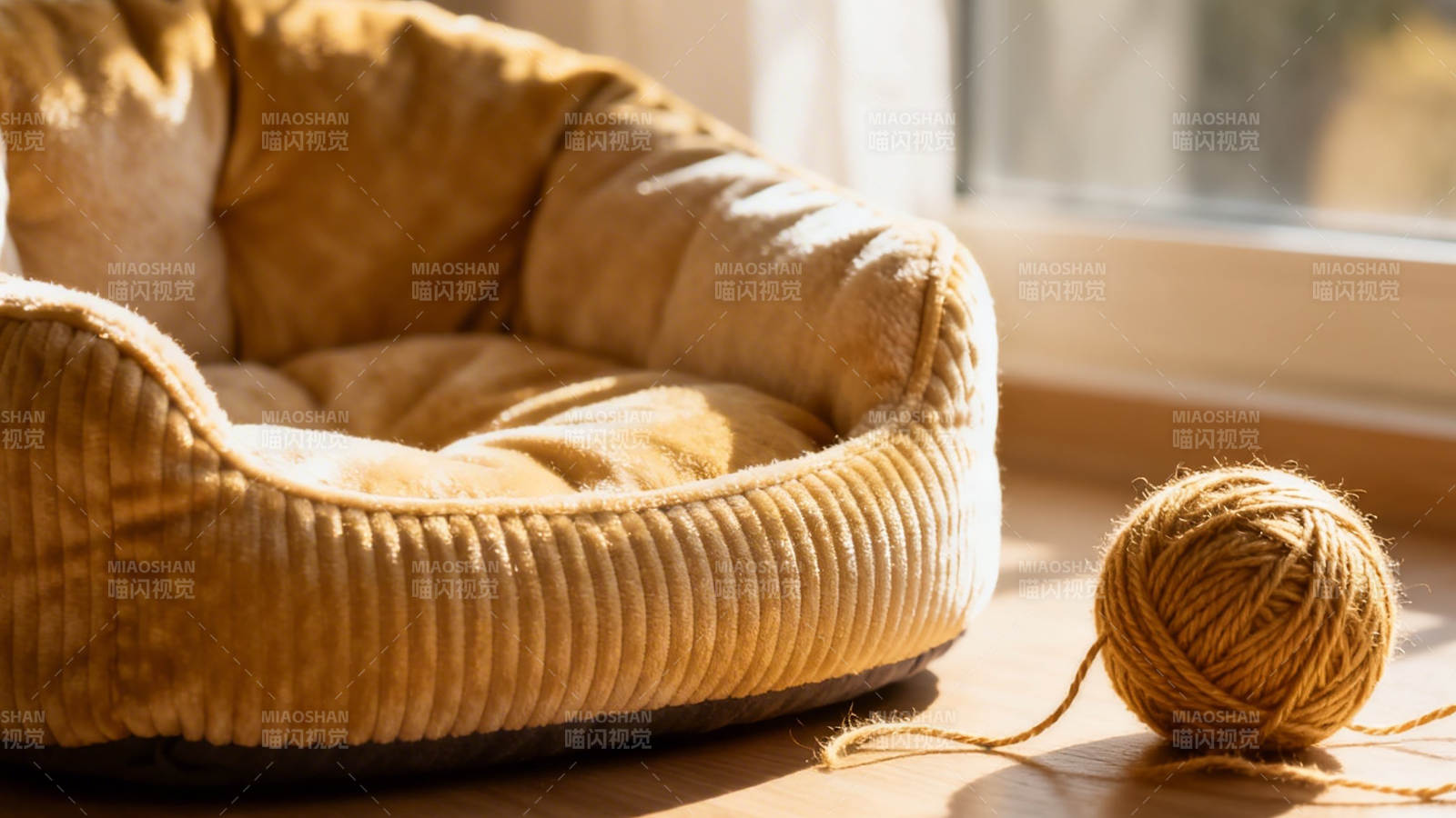 阳光下的猫窝与毛线球图片