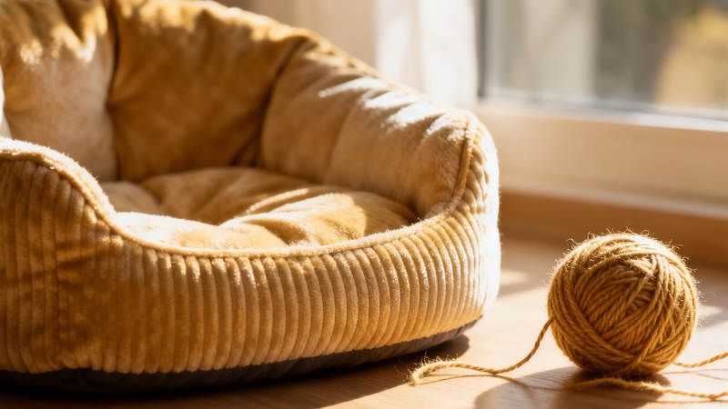 阳光下的猫窝与毛线球图片