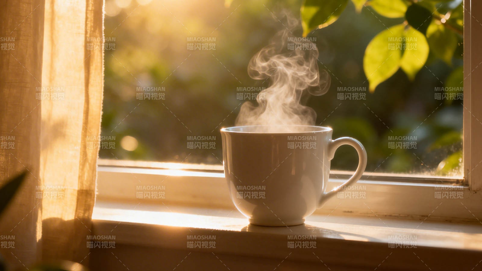 窗边热饮 晨光熹微图片