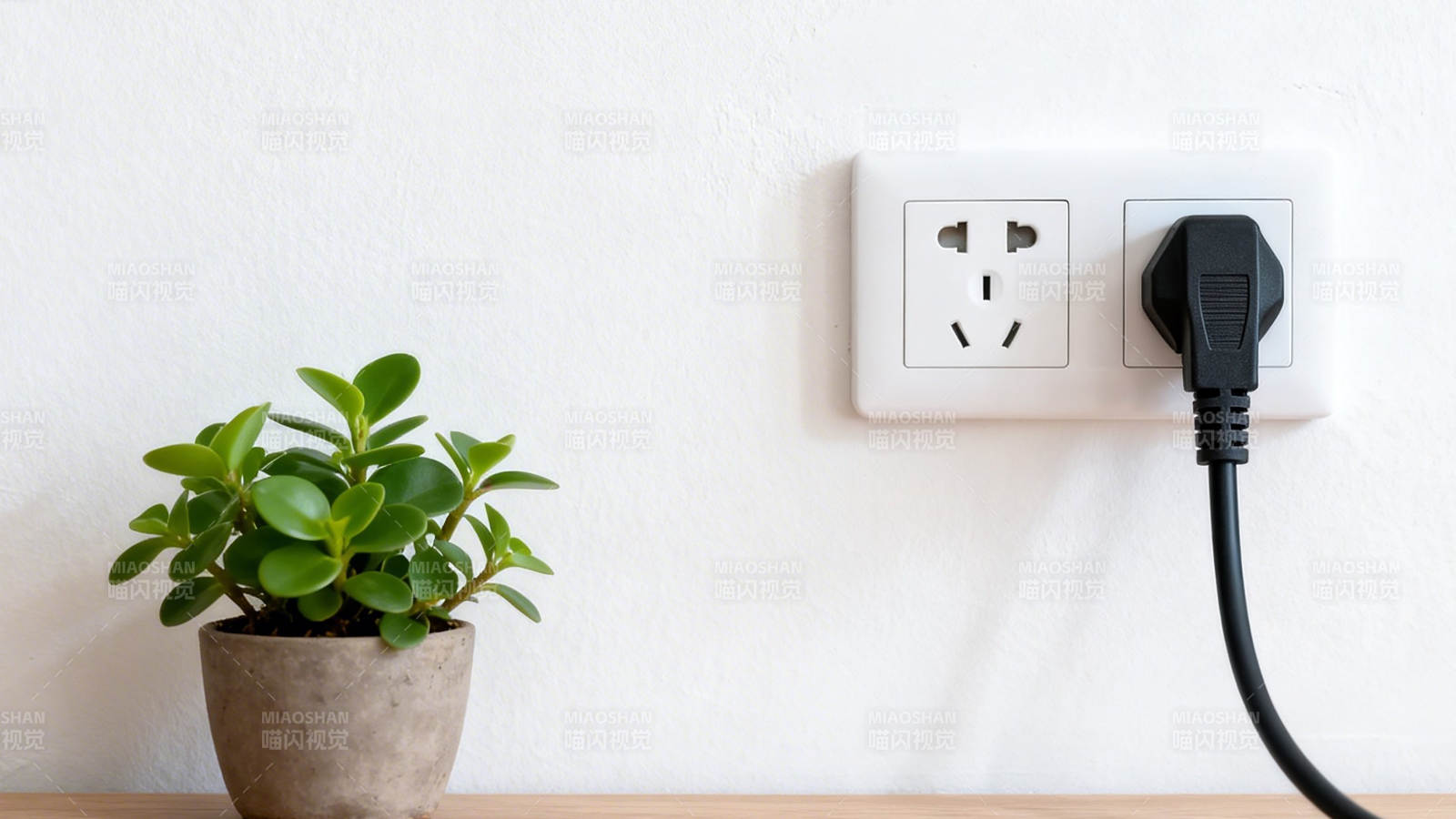 绿植旁的插座与插头图片