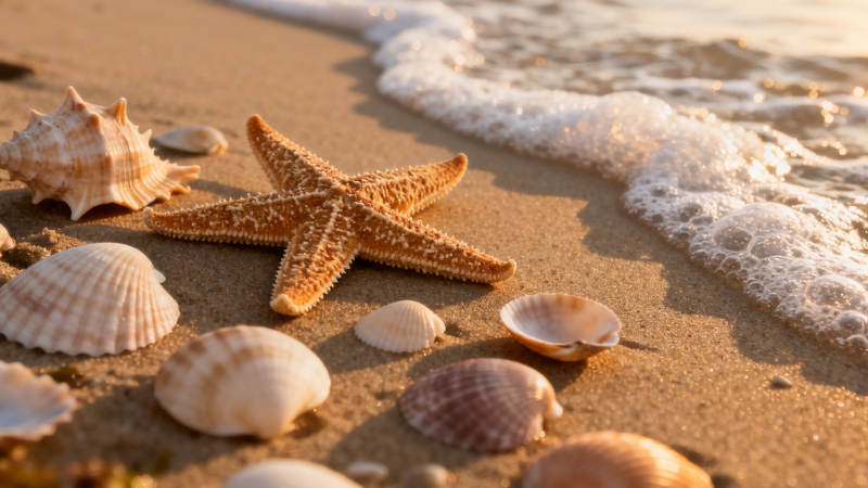 沙滩上的海星与贝壳图片