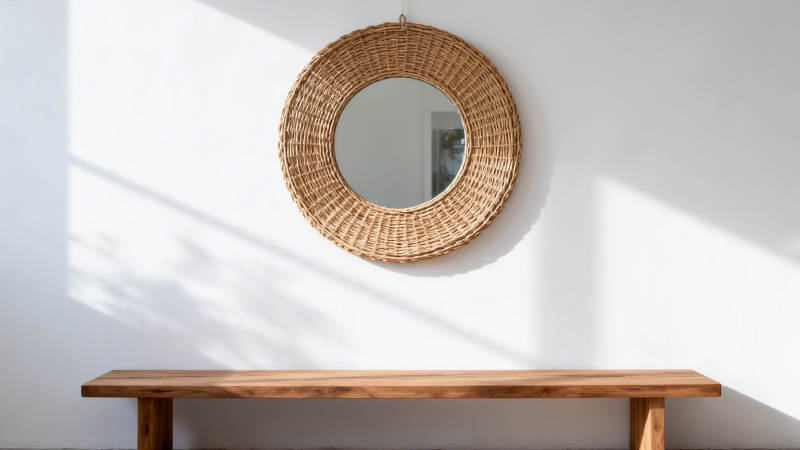 藤编镜与木凳静景图片