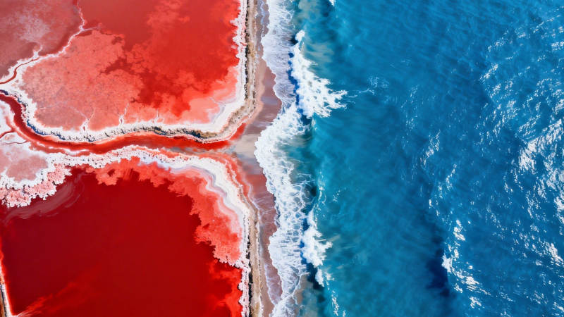 红蓝交汇的海岸线图片