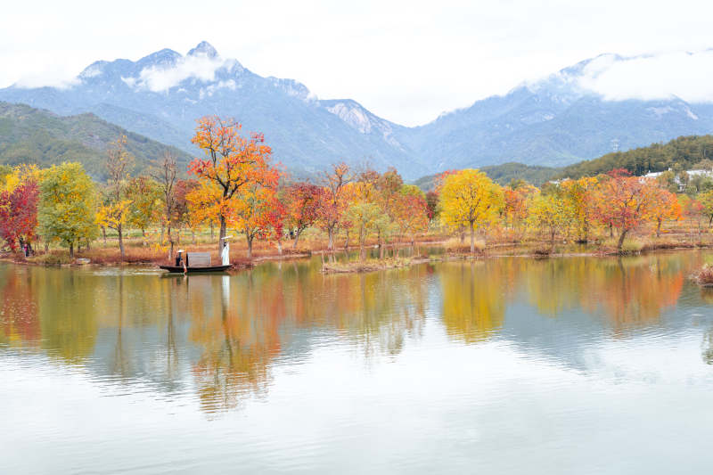 湖北罗田水上红叶秋湖泛舟图片