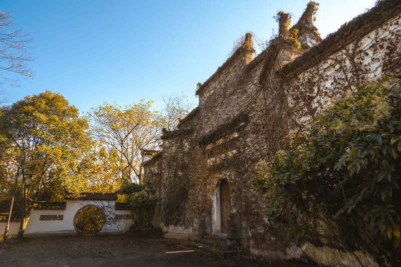 安徽泾县桃花潭西岸古墙秋影图片