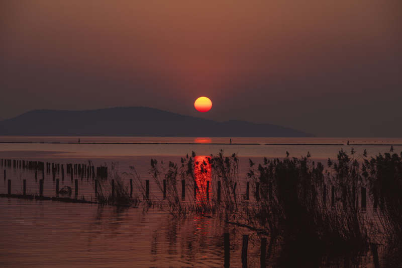 夕阳映湖景图片