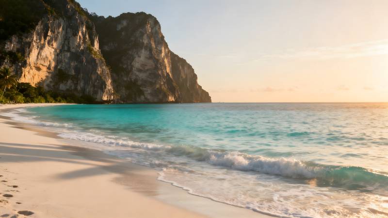 碧海白沙 山崖映日图片