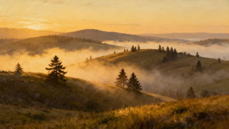 晨雾缭绕山丘图片