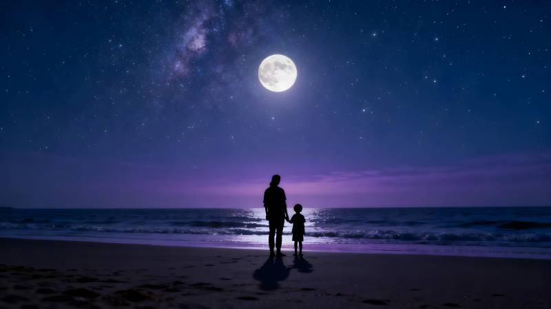 月下亲子沙滩行图片
