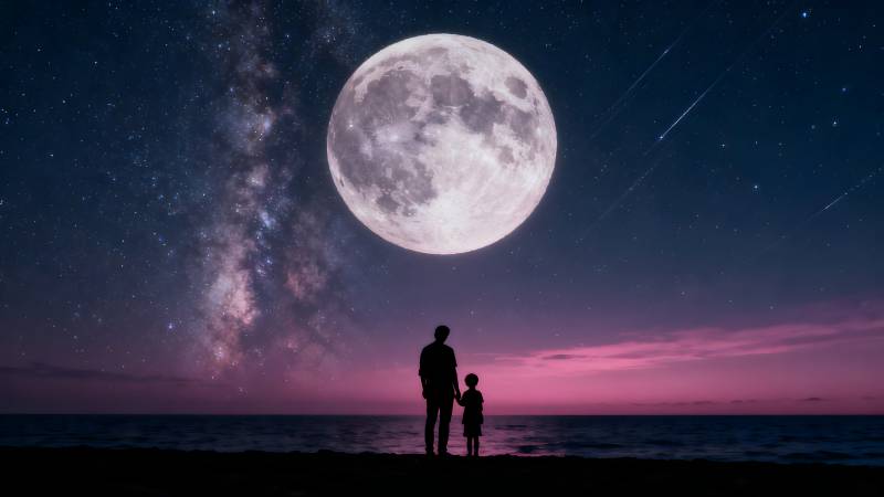 月下亲子共赏星河图片