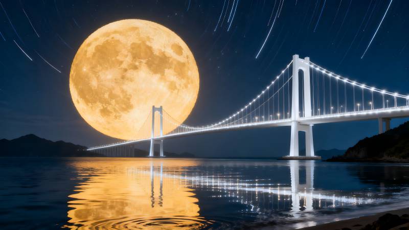 月夜大桥倒影图片
