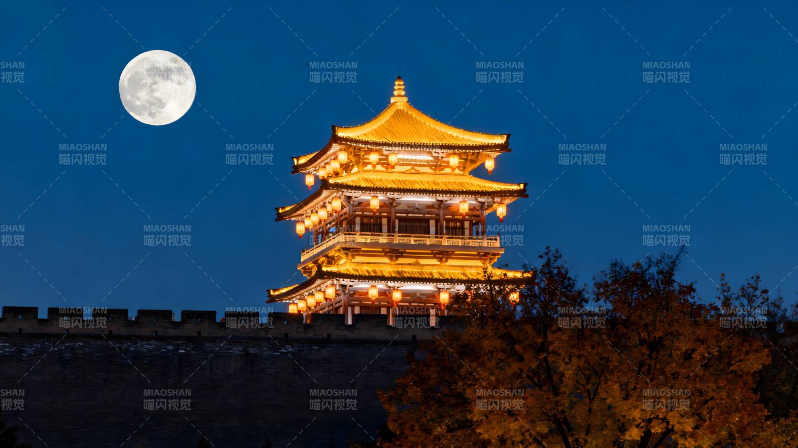 月照古塔夜景图片