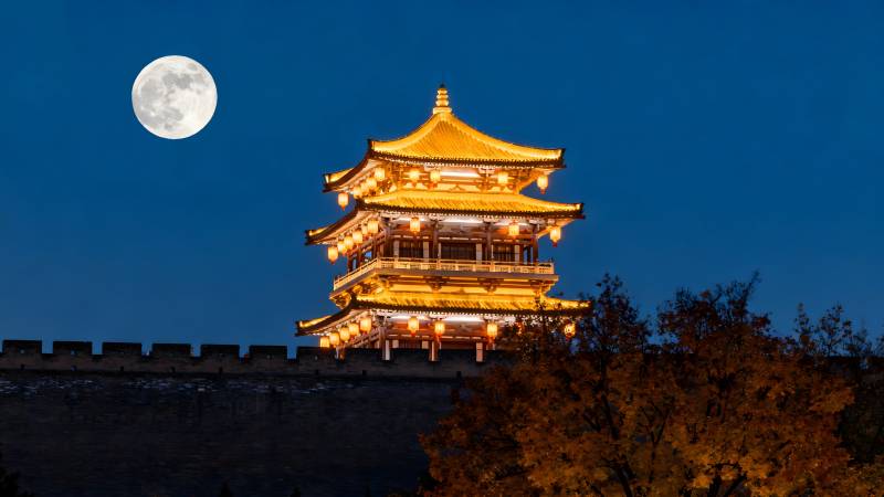 月照古塔夜景图片