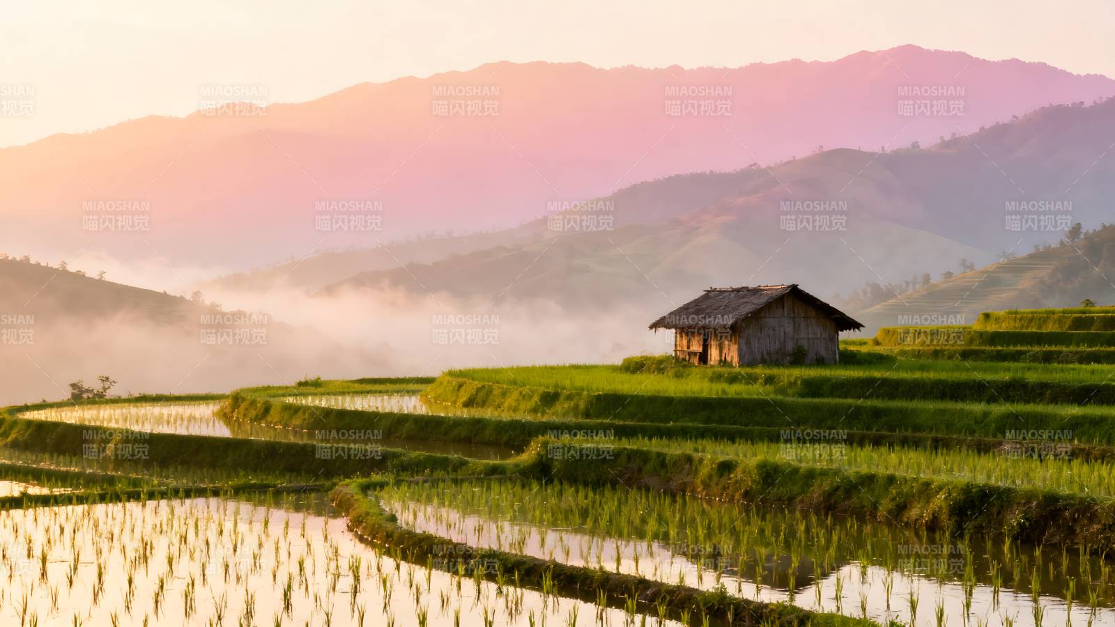 梯田晨曦山居图图片
