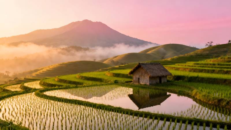 梯田晨曦映山峦图片