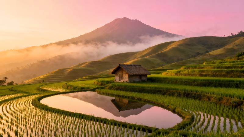 梯田晨曦映山影图片