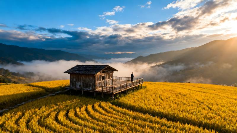 稻田小屋晨雾中图片