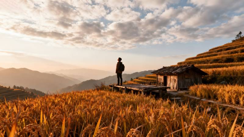 梯田日落人影图片