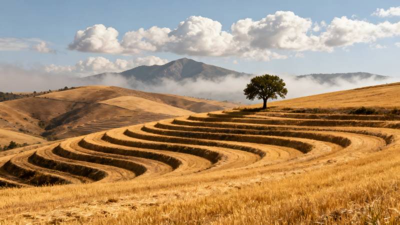 梯田孤树远山云图片