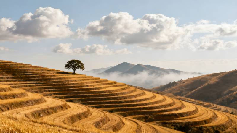 梯田孤树远山云图片