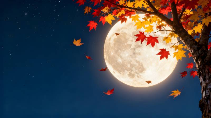 秋夜月影枫叶飘图片