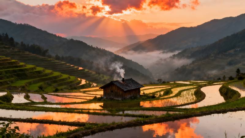 梯田晨曦 炊烟袅袅图片