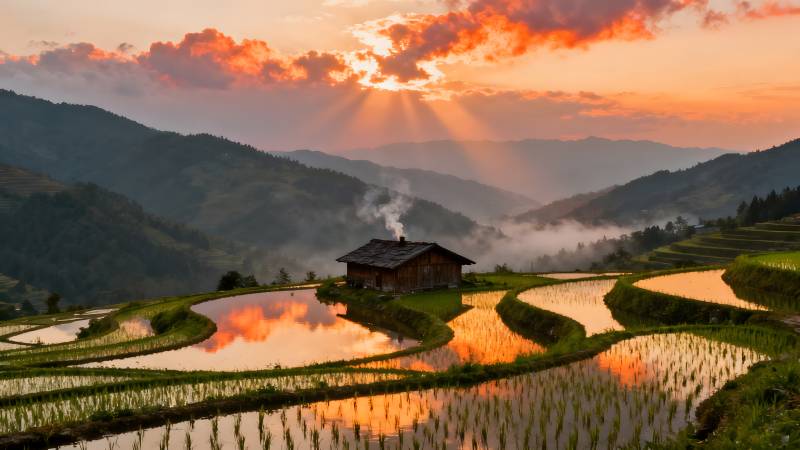 梯田晨曦映山峦图片